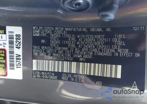 2012 Toyota Sienna Le V6 8 Passenger from USA, damaged, VIN 5TDKK3DC7CS211450